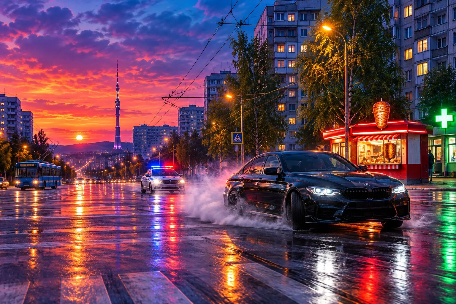 Вечерний проспект российского города, чёрная машина в заносе